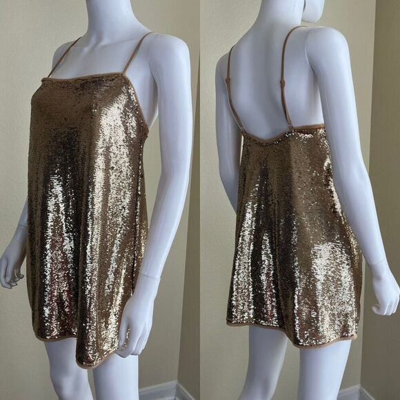 Free People Women's Size XS Time To Shine Gold Sequin Mini Slip Dress Party Y2K - Picture 8 of 16